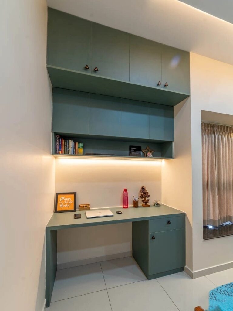 Modern Green Desk with Upper Storage Shelves for Contemporary Spaces