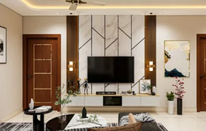 Modern Marble TV Panel with Geometric Inlay & Floating Console