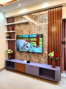 Modern TV Unit with Wooden Panels & Marble Accent Wall