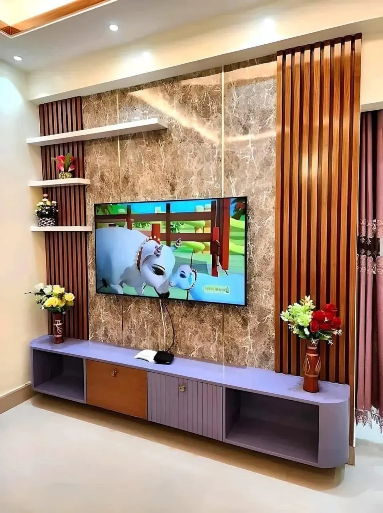 Modern TV Unit with Wooden Panels & Marble Accent Wall