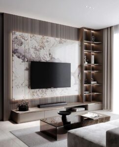Modern marble TV wall with floating storage, fluted accents, and ambient lighting in a contemporary living room.