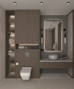 Modern wooden bathroom vanity with marble countertop, round sink, and LED lighting.