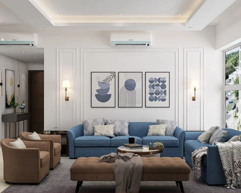 Blue Sofa Living Room with Wall Moulding & Art  Delhi NCR Interiors by Classic Infrahomes