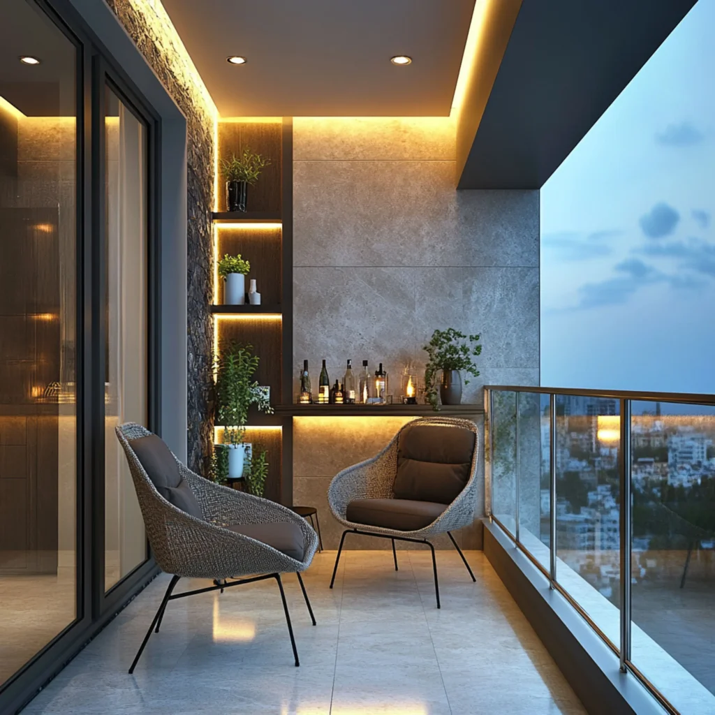 Contemporary Balcony Lounge with Ambient Lighting Modern Outdoor Seating Design
