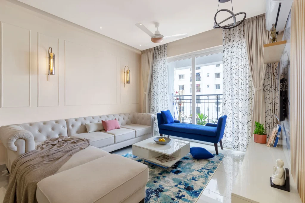 Contemporary Beige & Blue Living Room Interior Noida  Classic Infrahomes