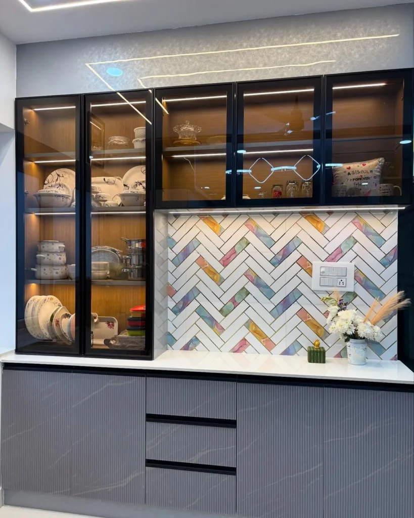 Crockery Cabinet with Multicolor Tile Backsplash  Stylish Kitchen Unit in Noida
