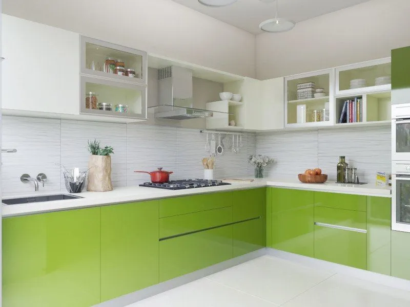 Glossy Green & White Modular Kitchen in Noida – Fresh, Sleek & Space-Smart
