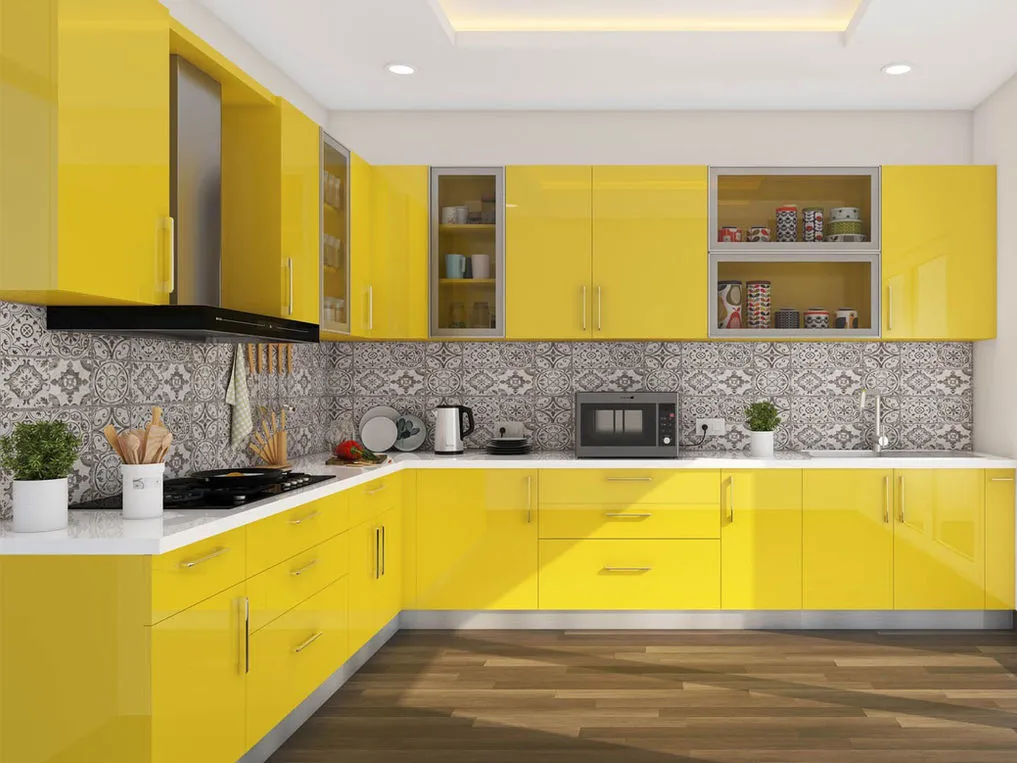 Glossy Yellow Modular Kitchen in Noida  Modern Flat Interiors

