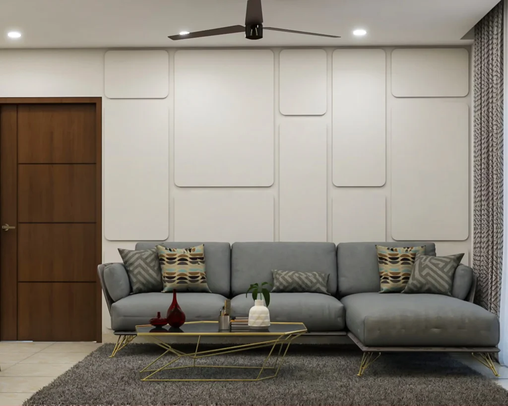Grey Sectional Living Room with Geometric Wall Panel  Noida Interior by Classic Infrahomes