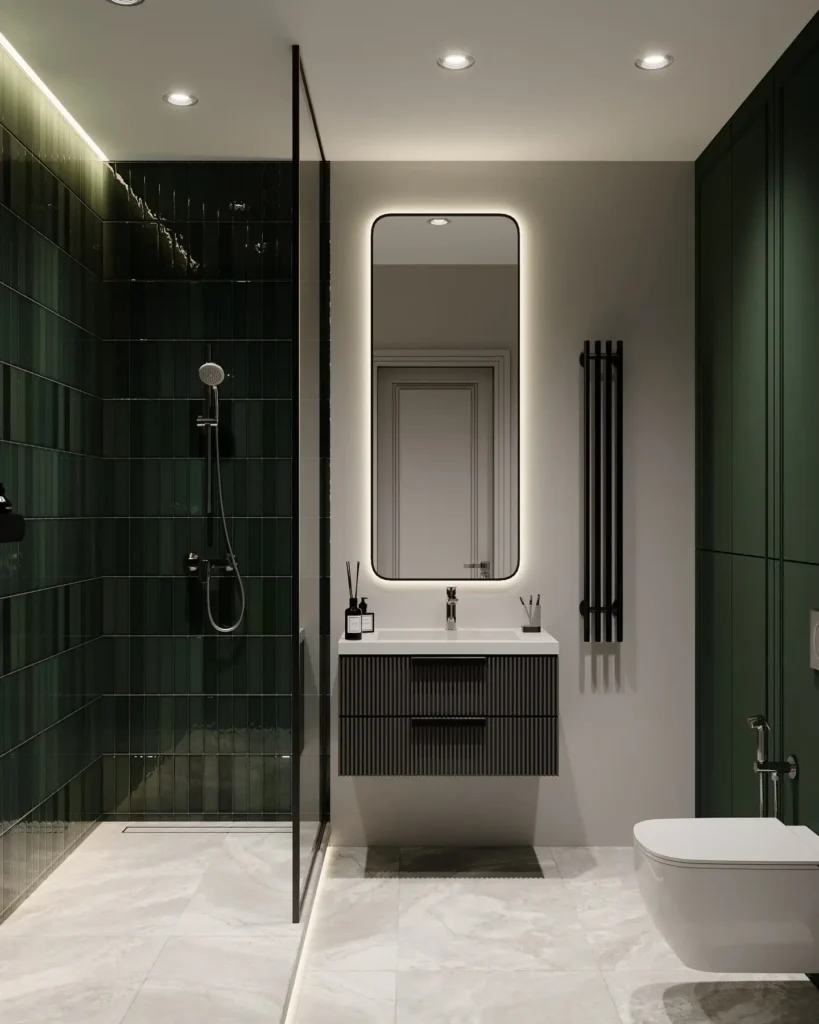 Luxurious Modern Bathroom with Dark Green Tiles and Floating Vanity – Sophistication Redefined
