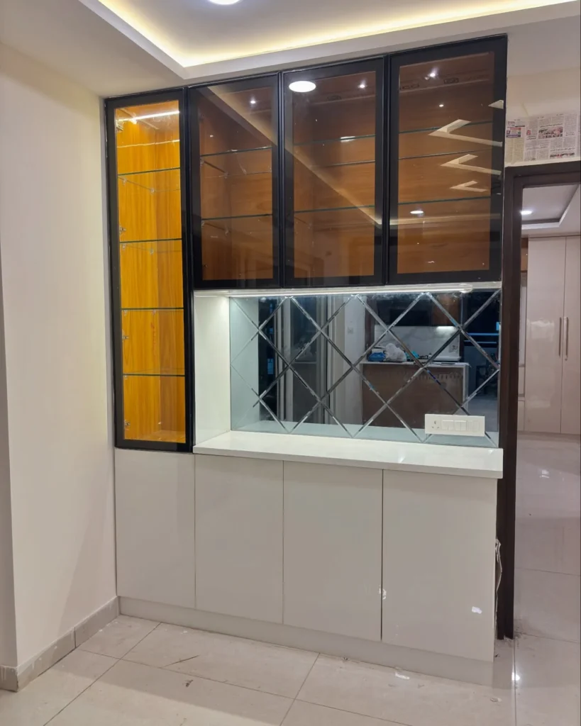 Modern Crockery Cabinet in Noida  Glass Shutters, LED Display & Diamond Mirror Design
