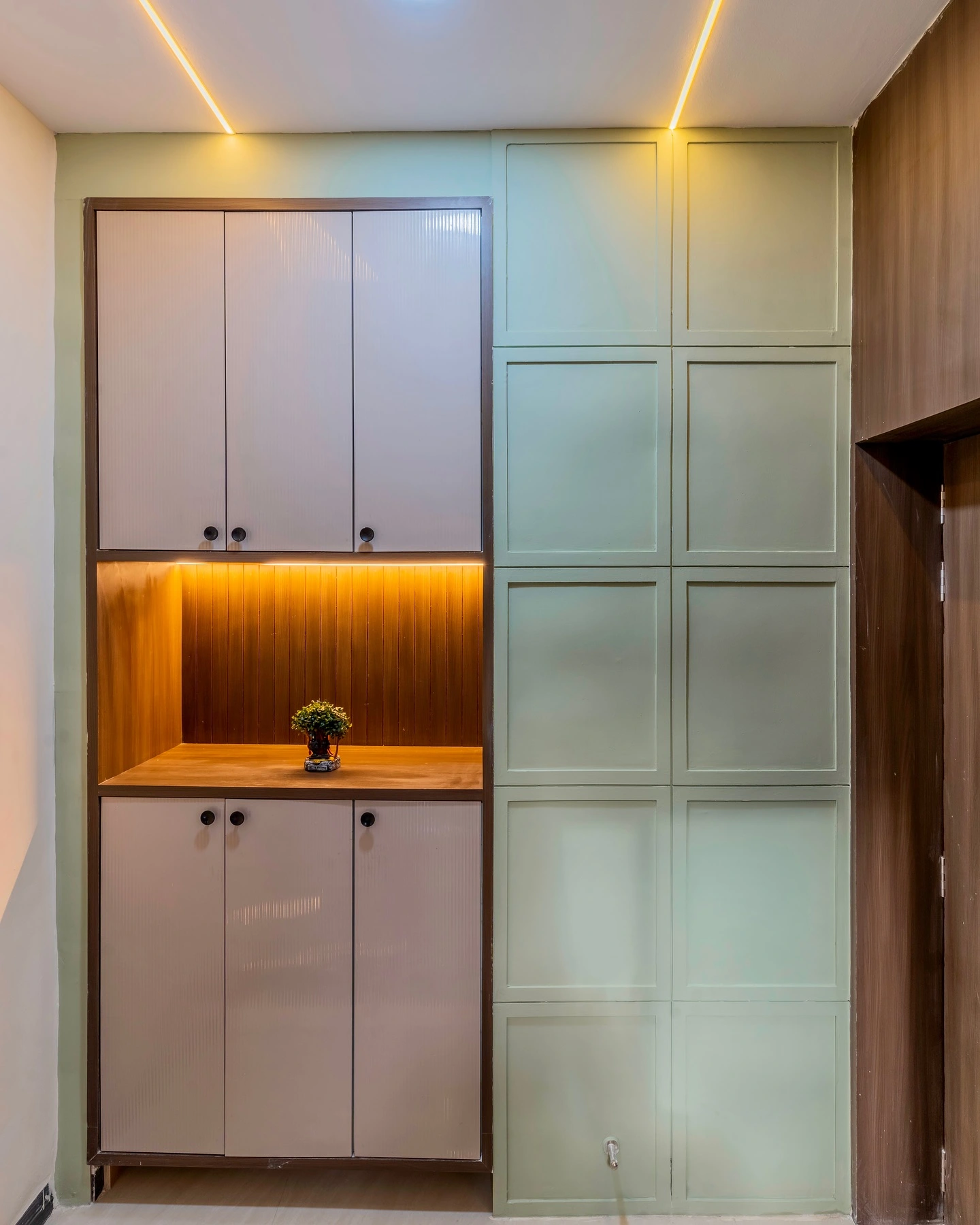 Modern Foyer Cabinet with Fluted Panels & LED Lighting Entryway Storage Solution