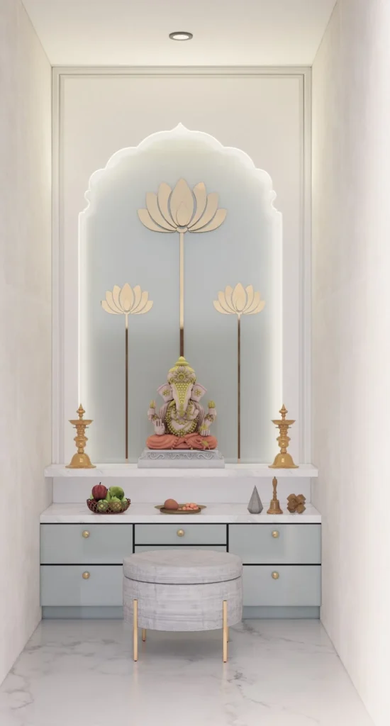 Modern Pooja Unit with Lotus Back Panel  Mandir Design Noida by Classic Infrahomes