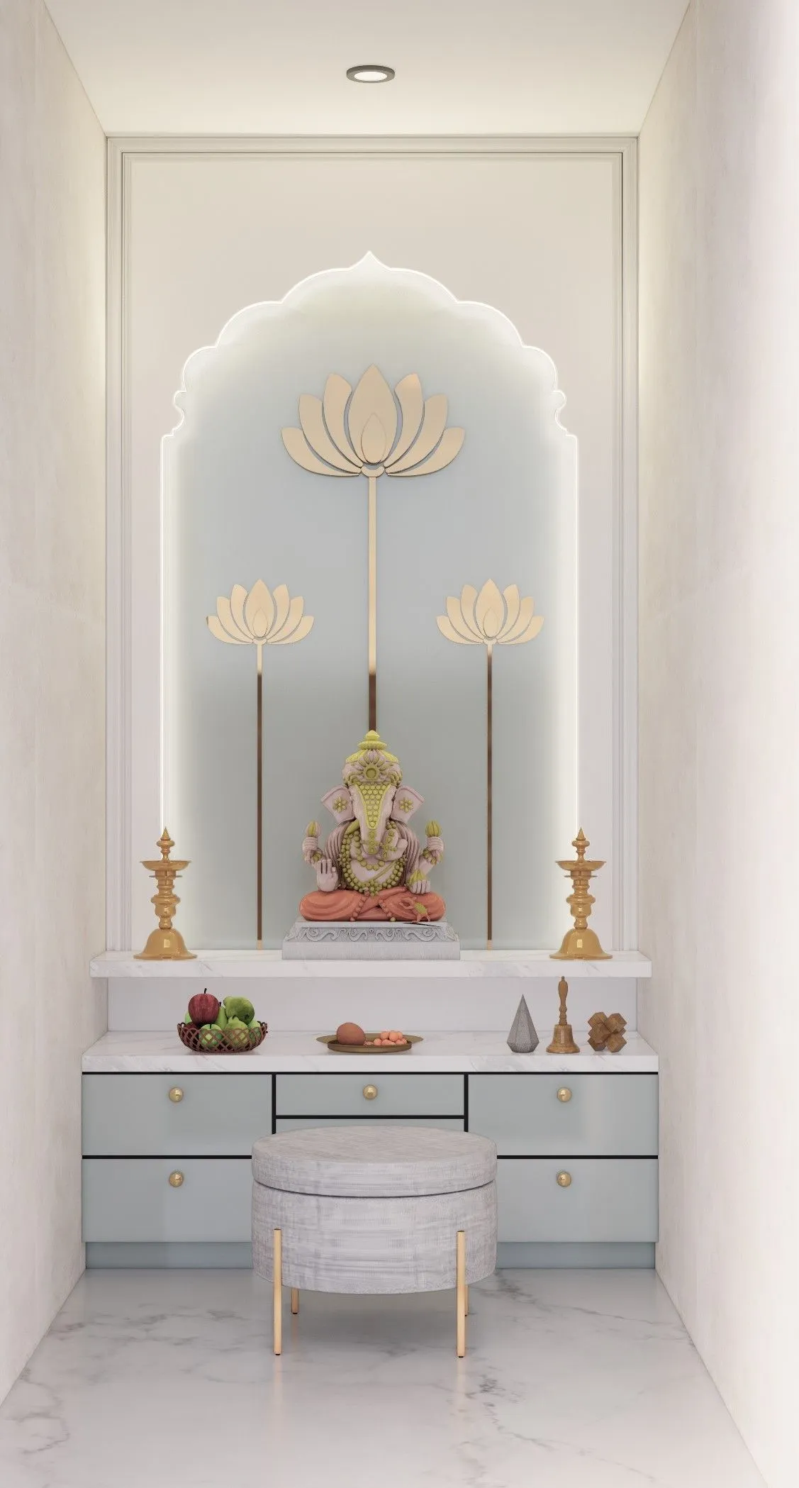 Modern Pooja Unit with Lotus Back Panel Mandir Design Noida by Classic Infrahomes