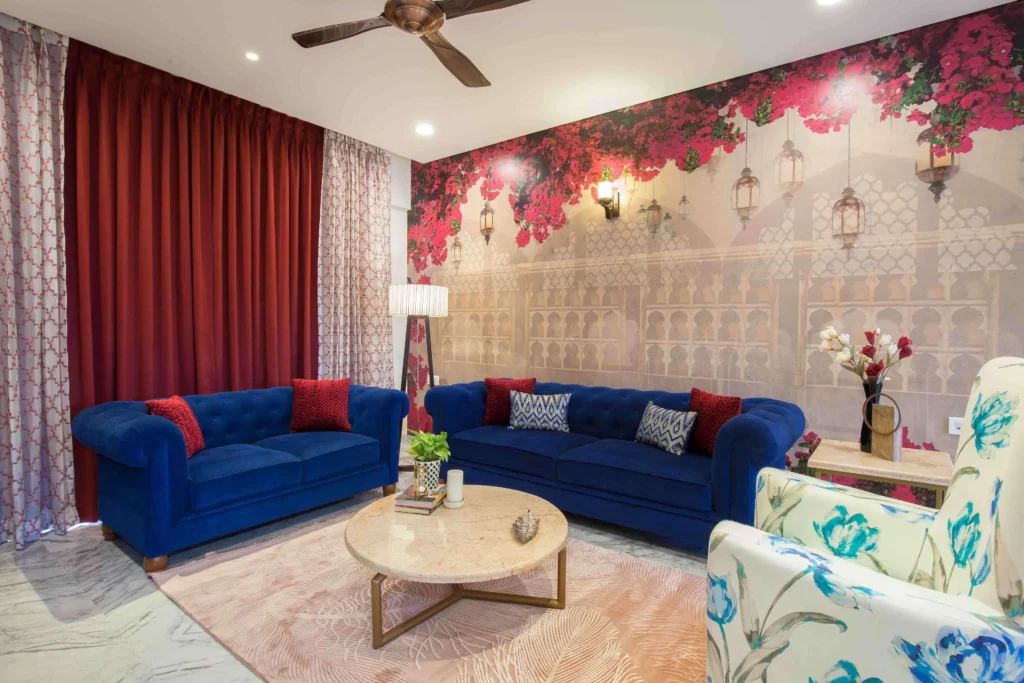 Royal Velvet Living Room with Mughal-Inspired Wall Mural & Jewel-Tone Accents