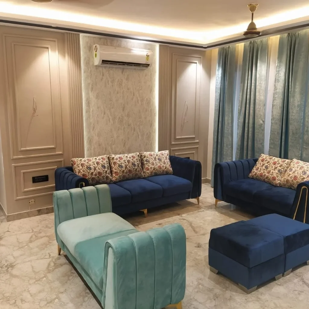 Velvet Sofa Set for Living Room  Navy Blue & Seafoam Green Finish
