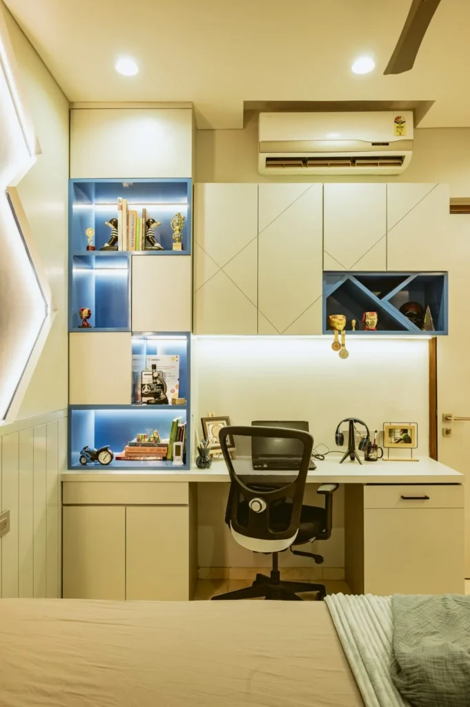 Modern Study Table with Blue Accent Shelves & Overhead Storage