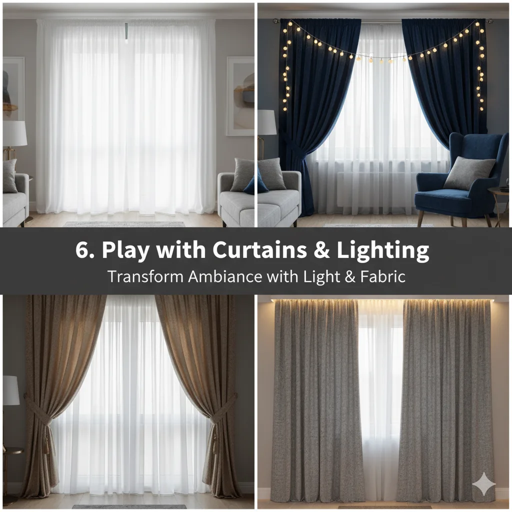 6. Play with Curtains & Lighting
Another element of living room décor that we often overlook is curtains. Superb curtains in attractive designs and shades not only cover windows when needed, but they also impart elegance to make your living room feel new. These can be adjusted according to the time of the day, your mood, or the weather to play with natural lighting.
You can also use a series of decorative rice bulbs to add life to the curtain rods. Such lights and curtain arrangements lend an overall cheerful and party-like ambiance to your living room.