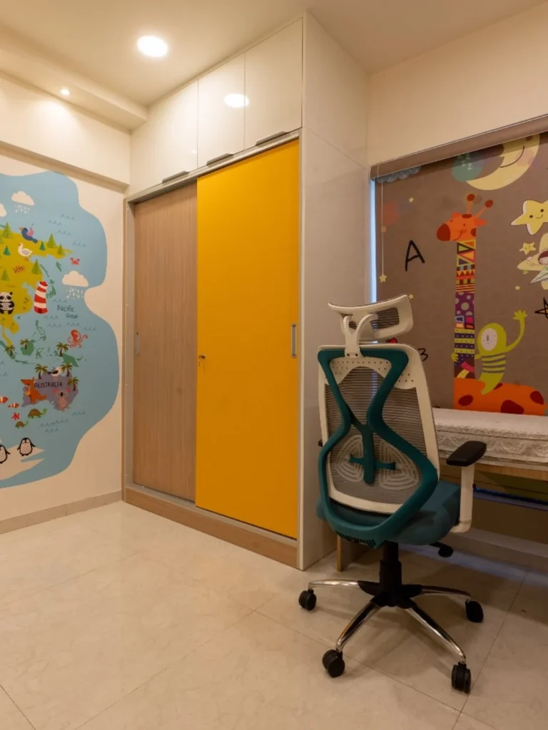 Colorful Kids' Room Design with Sliding Wardrobe and Educational Wall Mural  Fun and Functional Kids’ Room Ideas