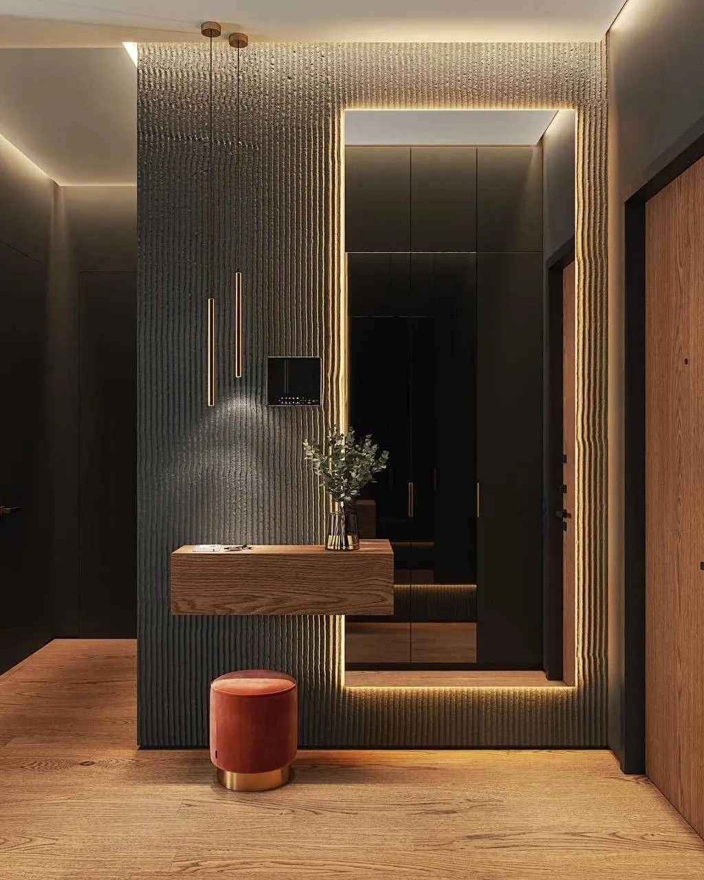 Contemporary Floating Console Table with LED Lighting & Textured Wall Modern Entryway Design