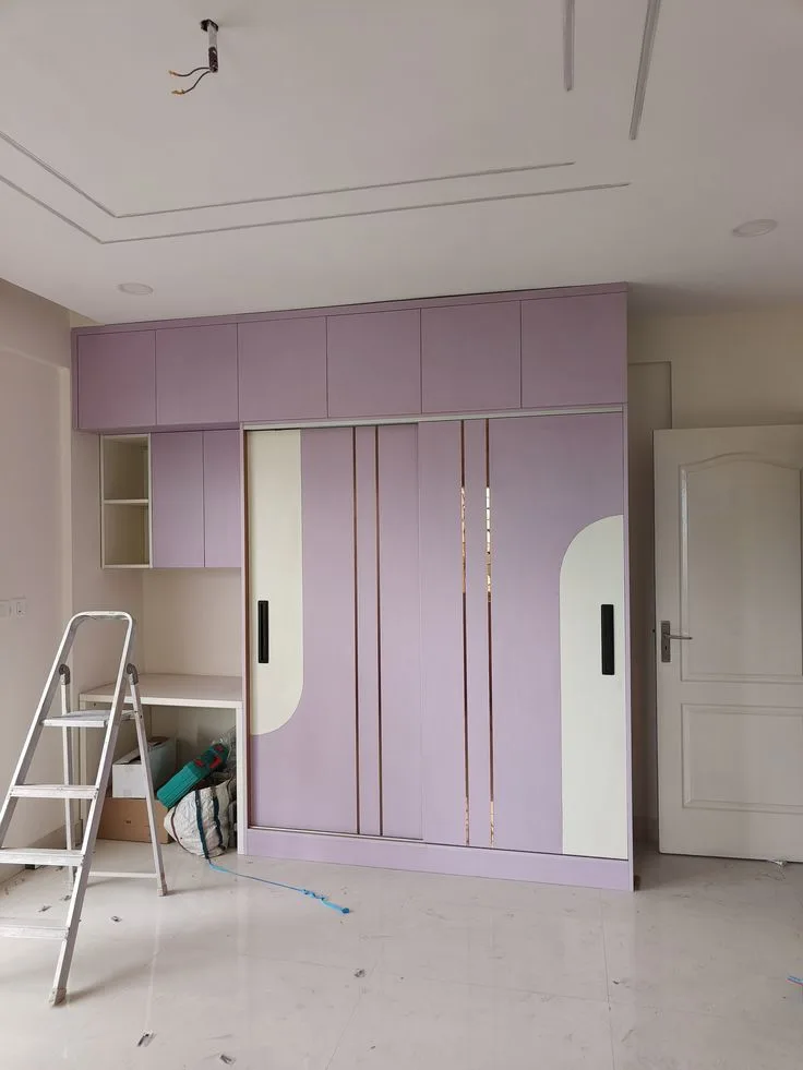 Contemporary Purple Sliding Wardrobe with Geometric Design Modern Bedroom Storage