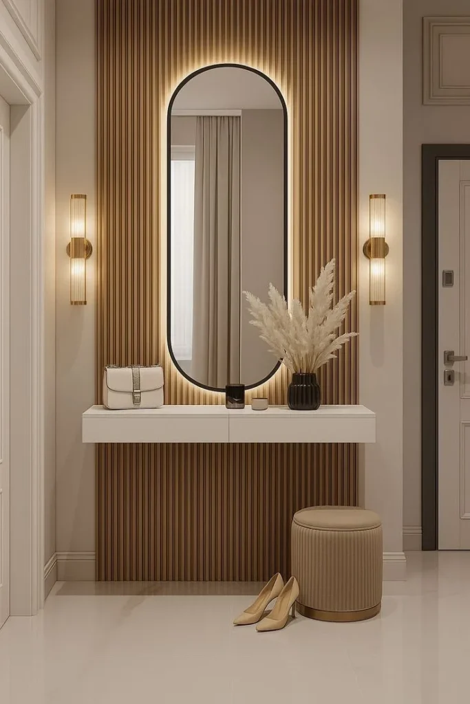 Elegant Entryway Console with Oval Mirror & LED Backlighting Modern Entryway Design