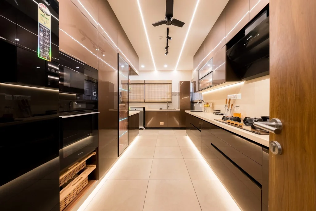 Modern Modular Kitchen with Glossy Finish and Under Cabinet Lighting