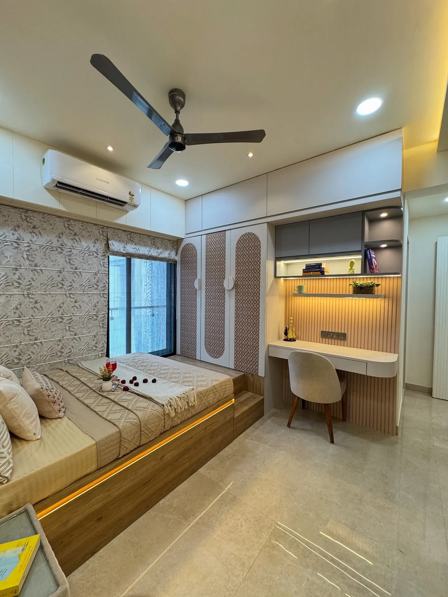 Modern Bedroom with Textured Wall, LED Lighting, & Stylish Storage Contemporary Design