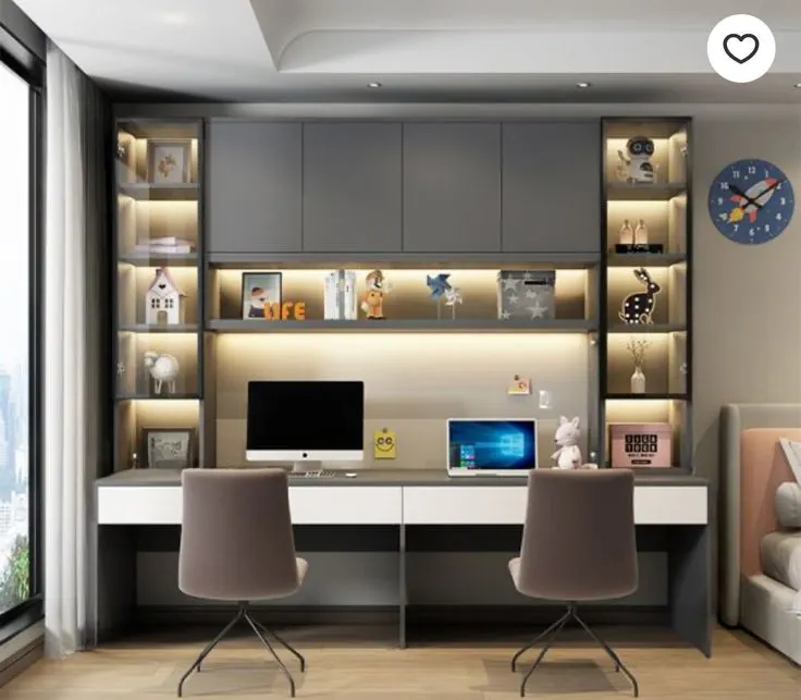 Modern Dual Workspace with LED Lighting & Open Shelves Stylish Home Office Design