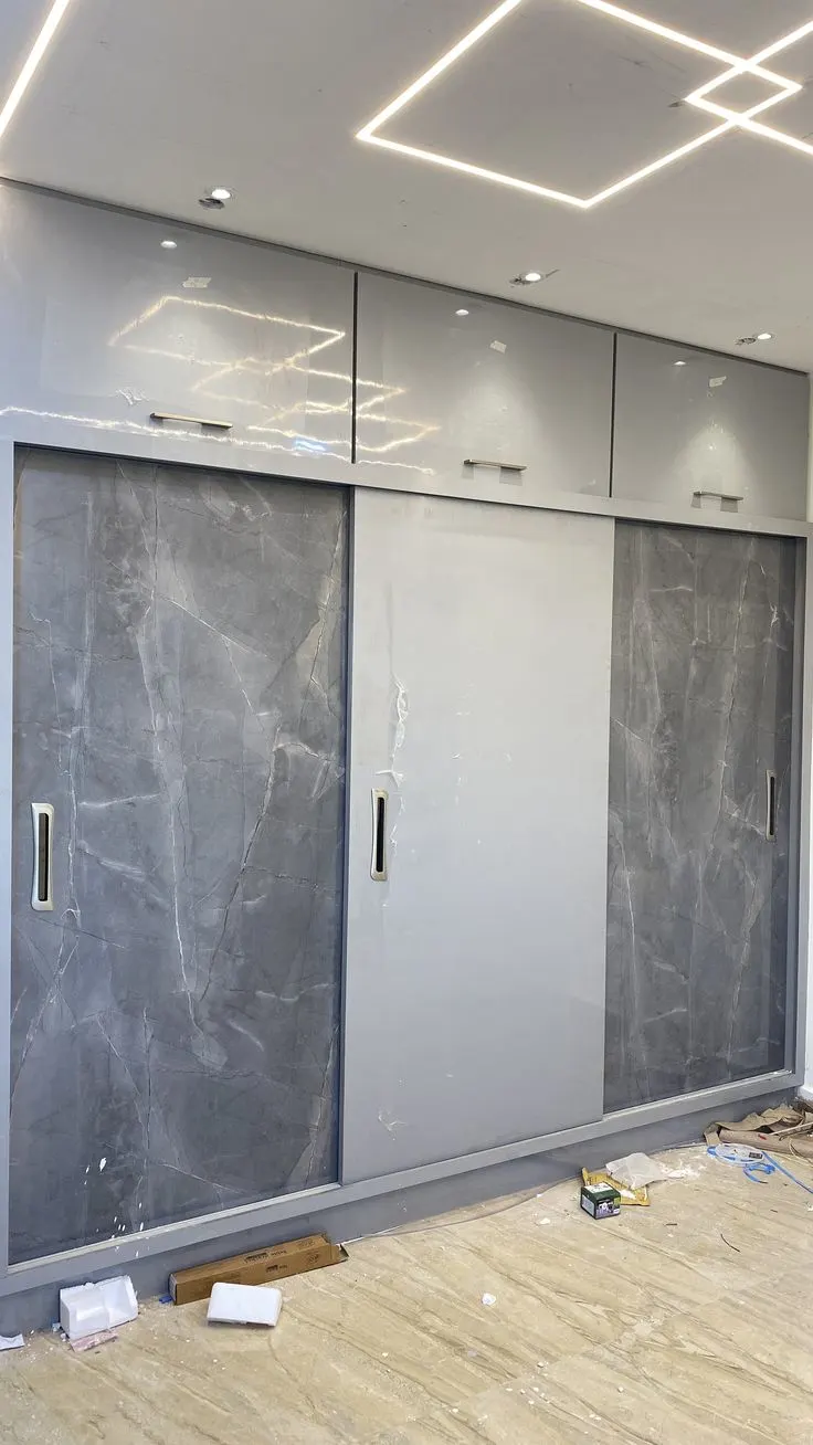 Sleek Grey Marble Sliding Wardrobe with Loft Storage Modern Bedroom Storage