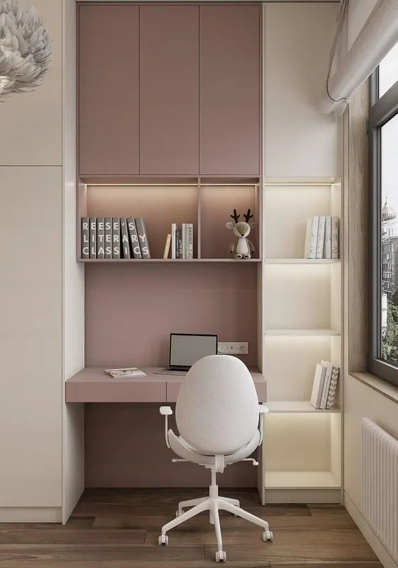 Compact Study Desk with Open Shelves & LED Backlighting | Modern Workspace Design
