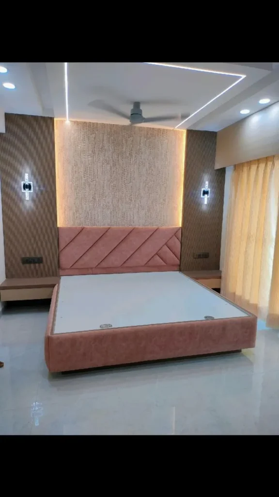 Modern Upholstered Bed with Textured Wall Panels & Ambient Lighting | Stylish Bedroom Design