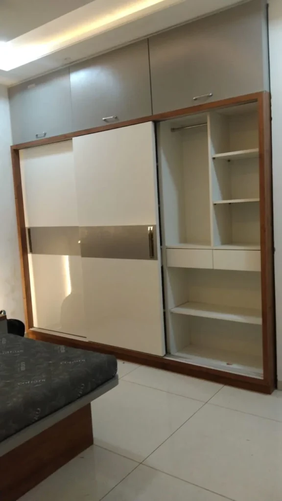 Grey and White Sliding Wardrobe with Wooden Accents