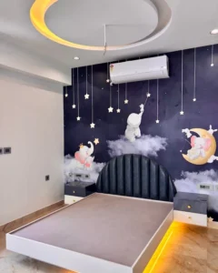 A Dreamy Kids Bedroom Design with Cartoon Theme and Soft Lighting