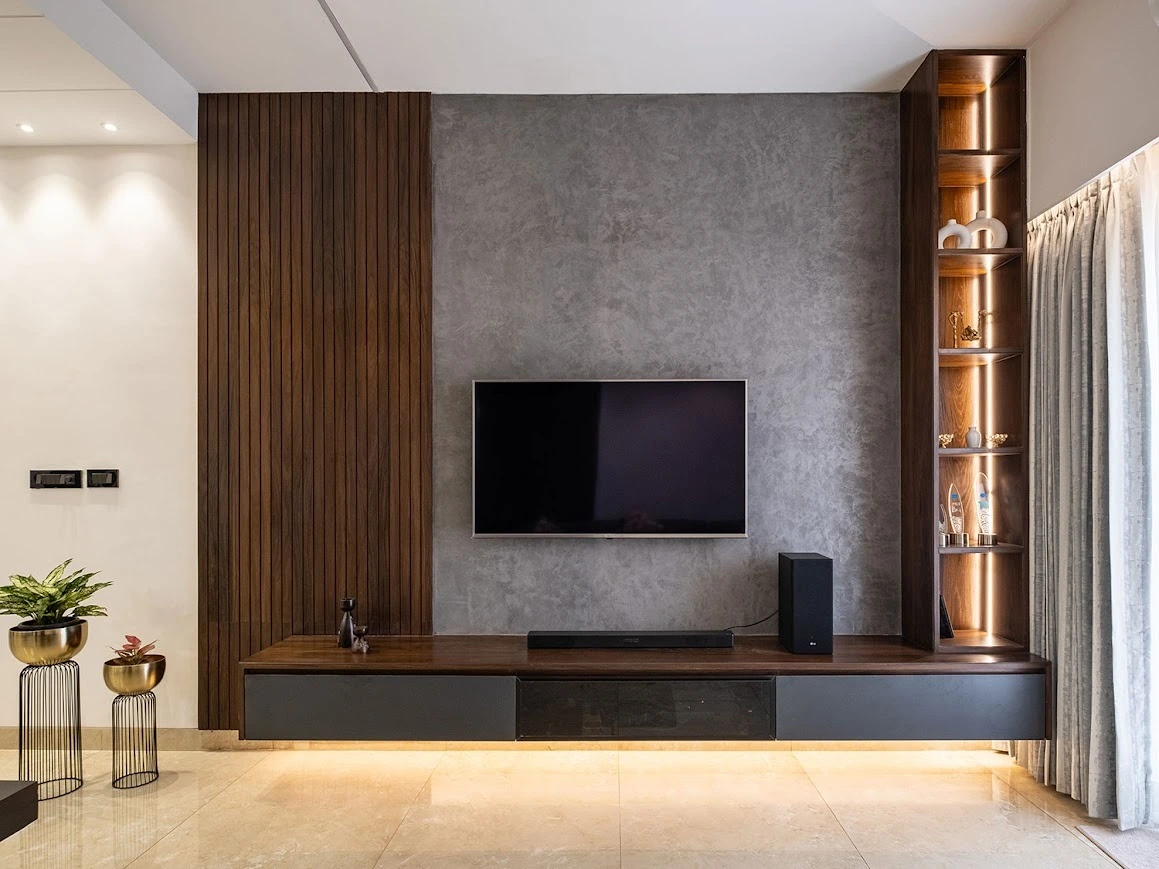 Modern TV Unit Design for Noida Apartments Fluted Panel TV Wall