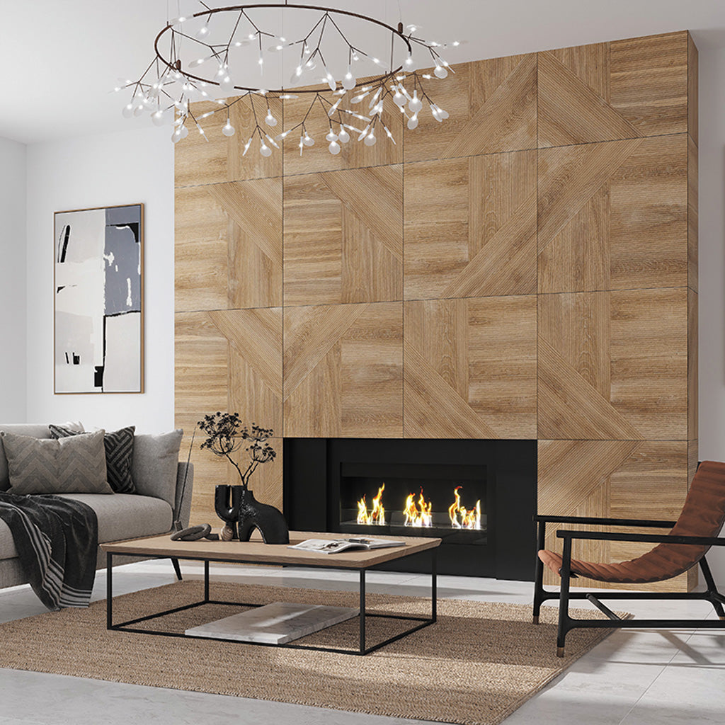 Living room with a brown wood-look tile accent wall around a fireplace.