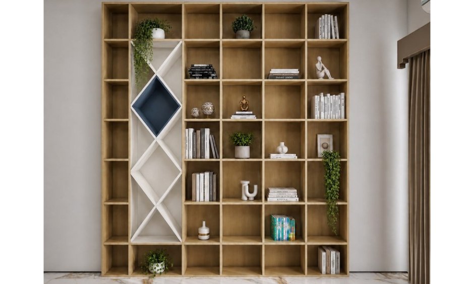 Geometric open-shelf detail in the custom bookshelf by interior designer in Sector 168 Noida